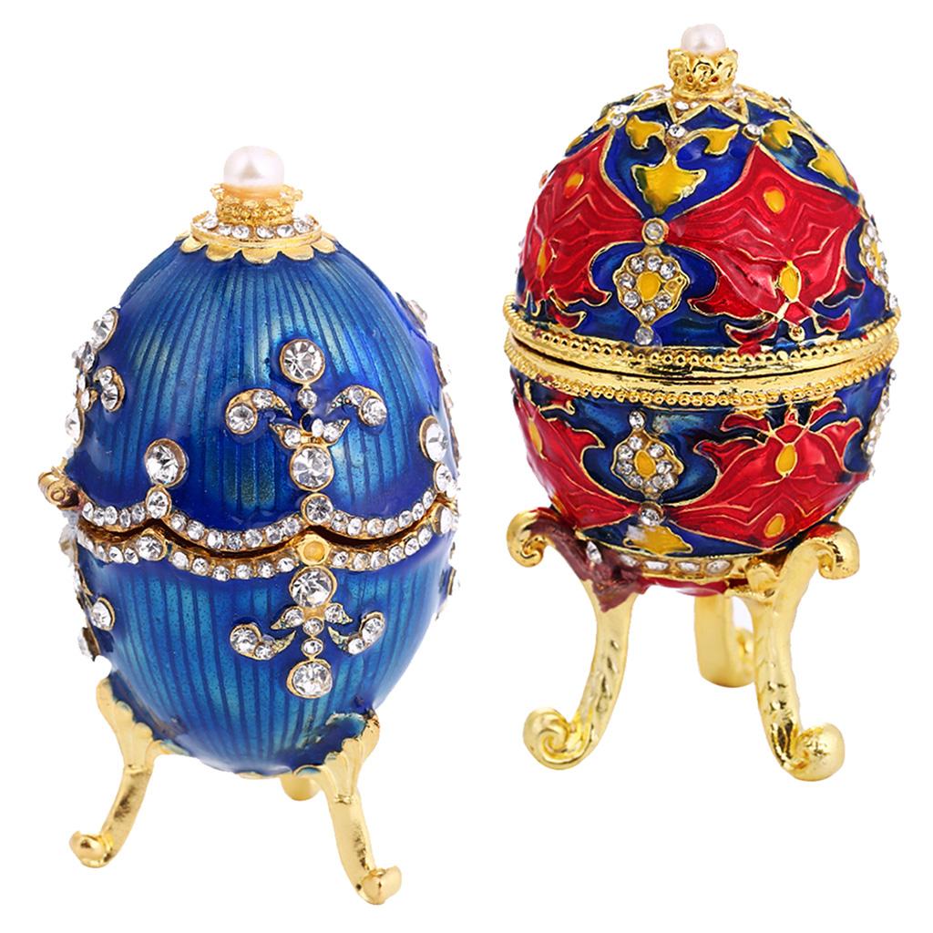 2 Pieces Vintage Easter Egg Shaped Enamel Jewelry Box Ring Holder Organizer