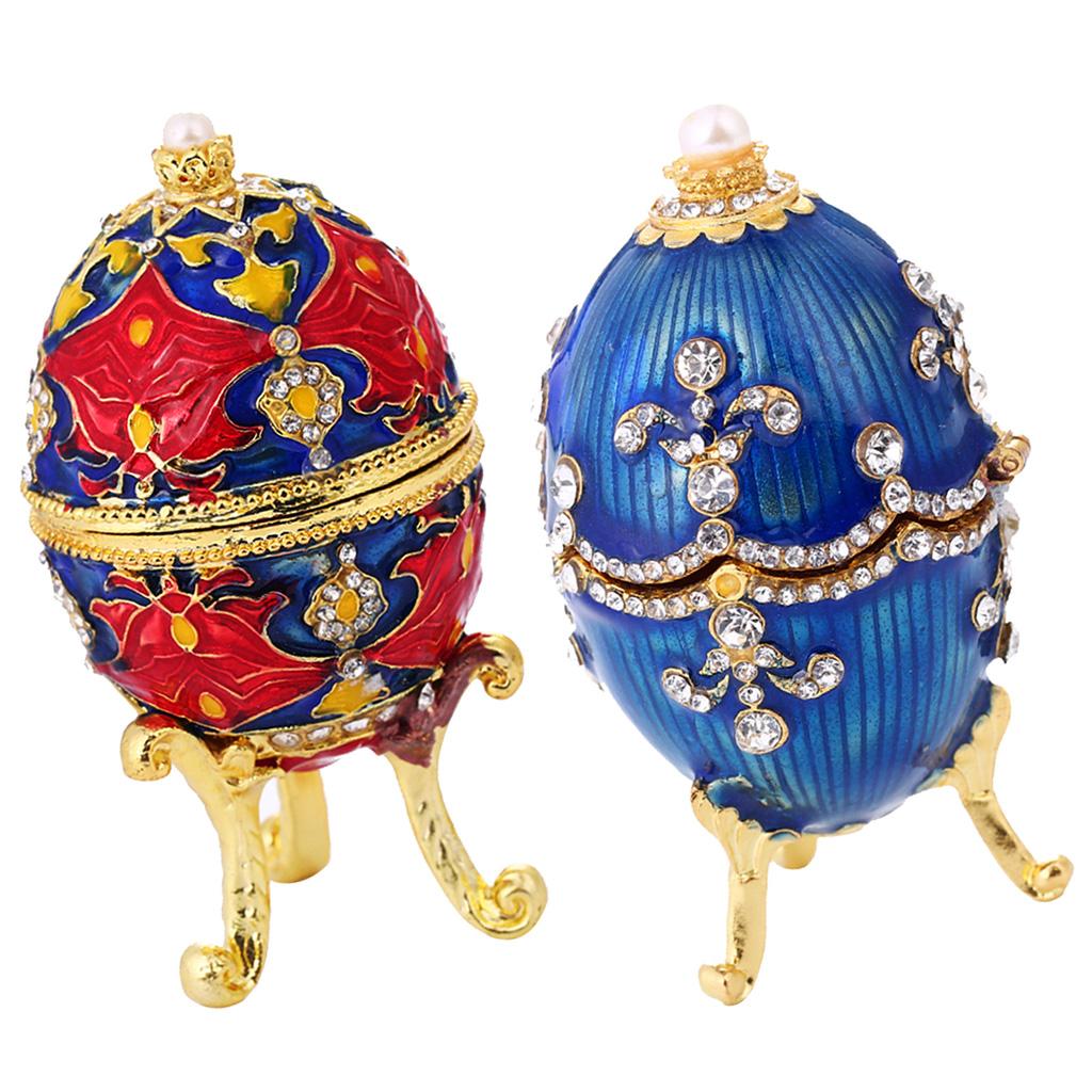 2 Pieces Vintage Easter Egg Shaped Enamel Jewelry Box Ring Holder Organizer