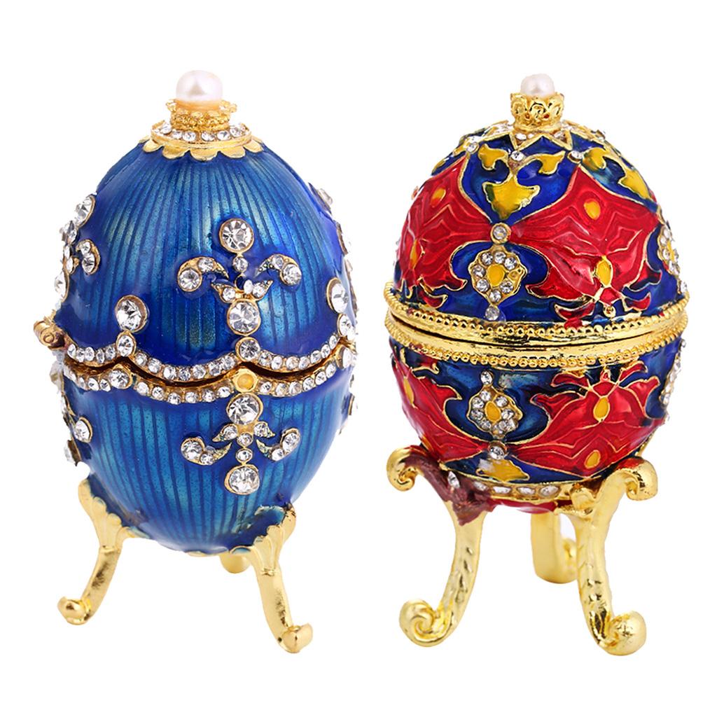 2 Pieces Vintage Easter Egg Shaped Enamel Jewelry Box Ring Holder Organizer