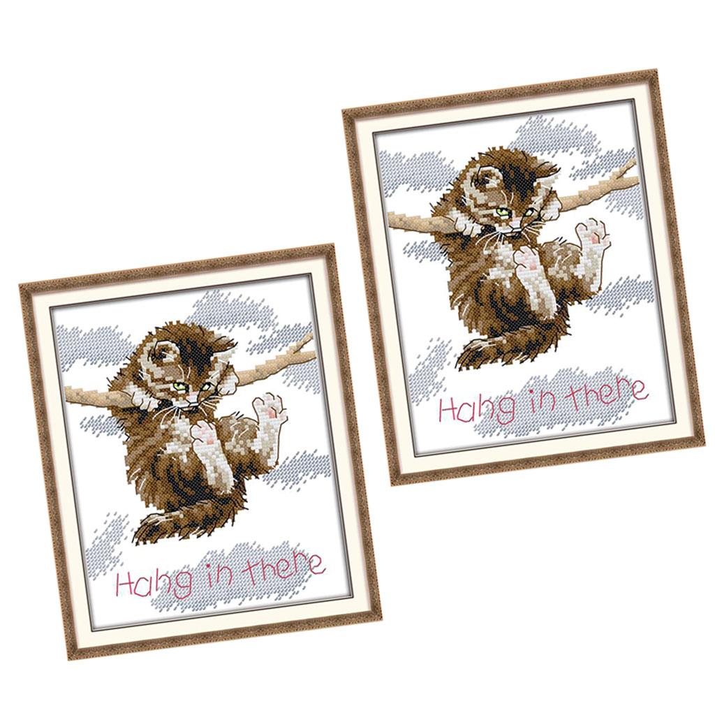 2pcs Cat Hang in There Stamped Cross Stitch Kit DIY Needlework 11CT 23x27cm