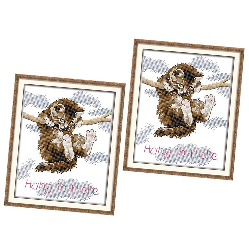 2pcs Cat Hang in There Stamped Cross Stitch Kit DIY Needlework 11CT 23x27cm