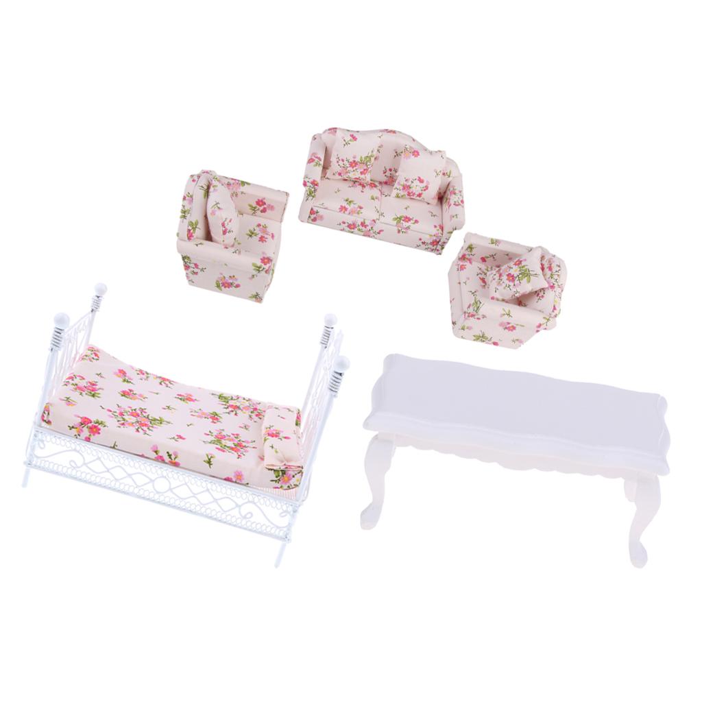 1:12 Dollhouse Miniature Metal European Bed with Sofa Set Bedroom Furniture