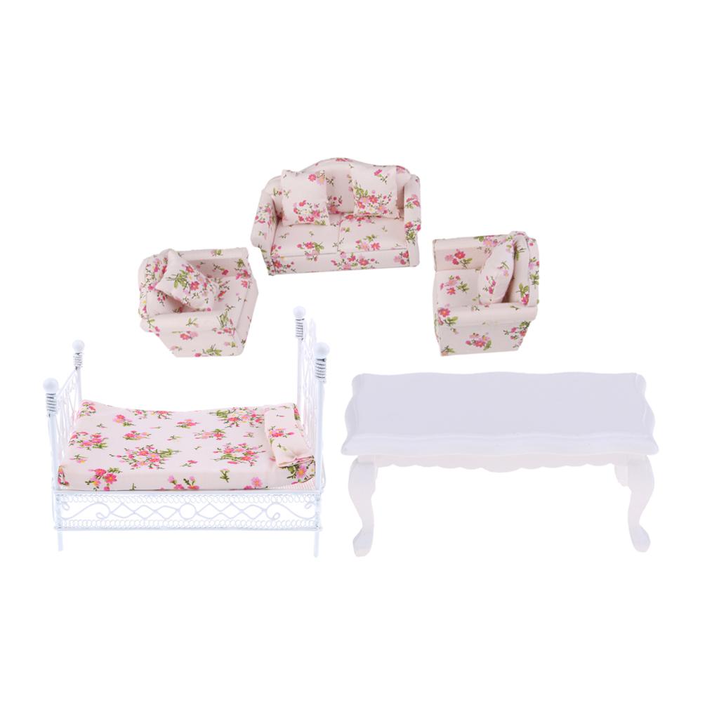 1:12 Dollhouse Miniature Metal European Bed with Sofa Set Bedroom Furniture