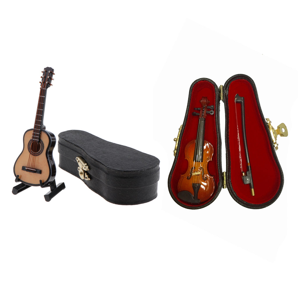 1/12 Dollhouse Miniature Musical Instrument Guitar Violin with Wooden Box