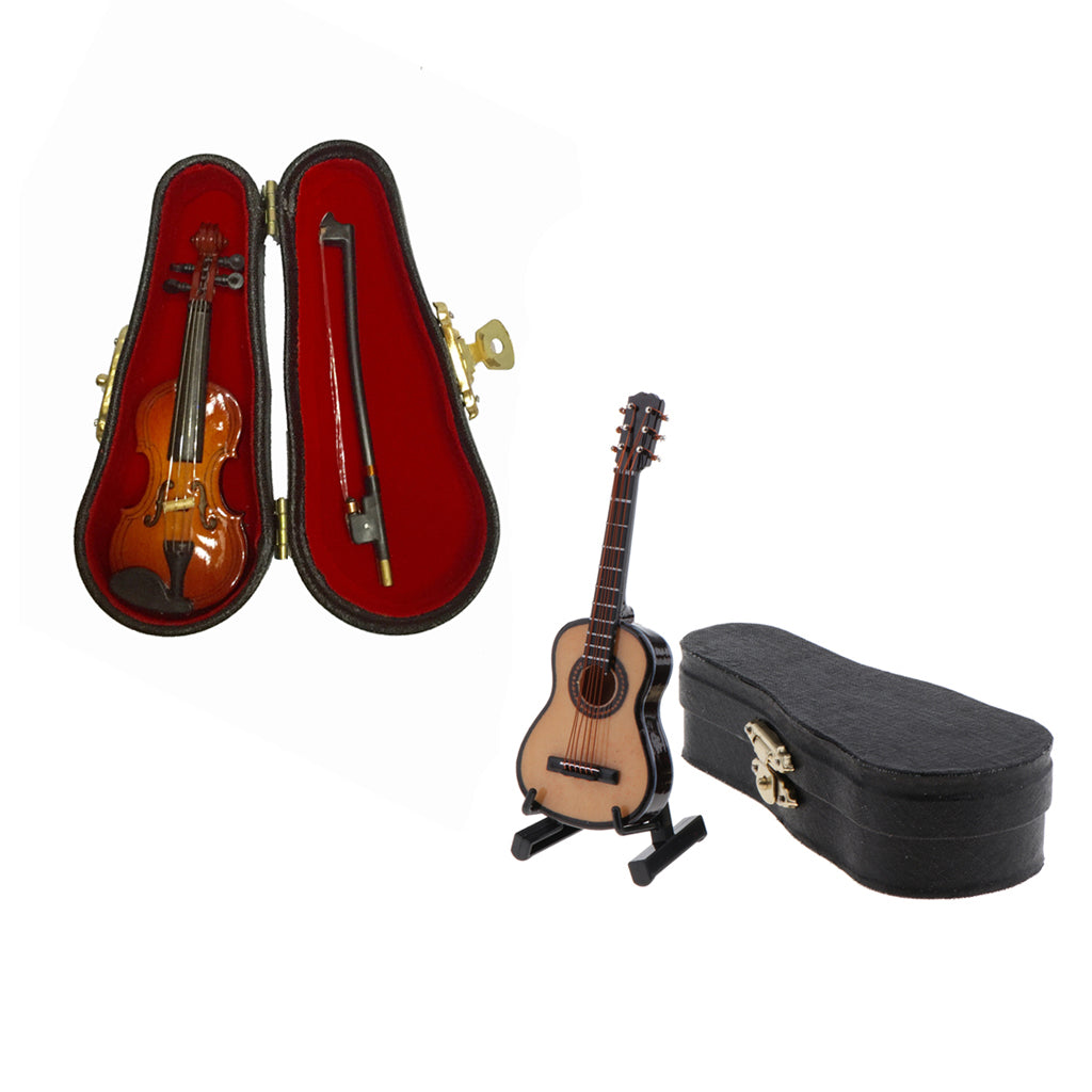 1/12 Dollhouse Miniature Musical Instrument Guitar Violin with Wooden Box