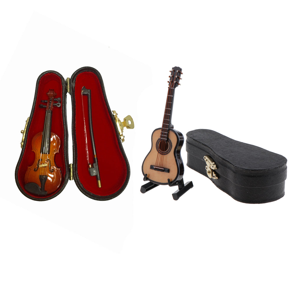 1/12 Dollhouse Miniature Musical Instrument Guitar Violin with Wooden Box