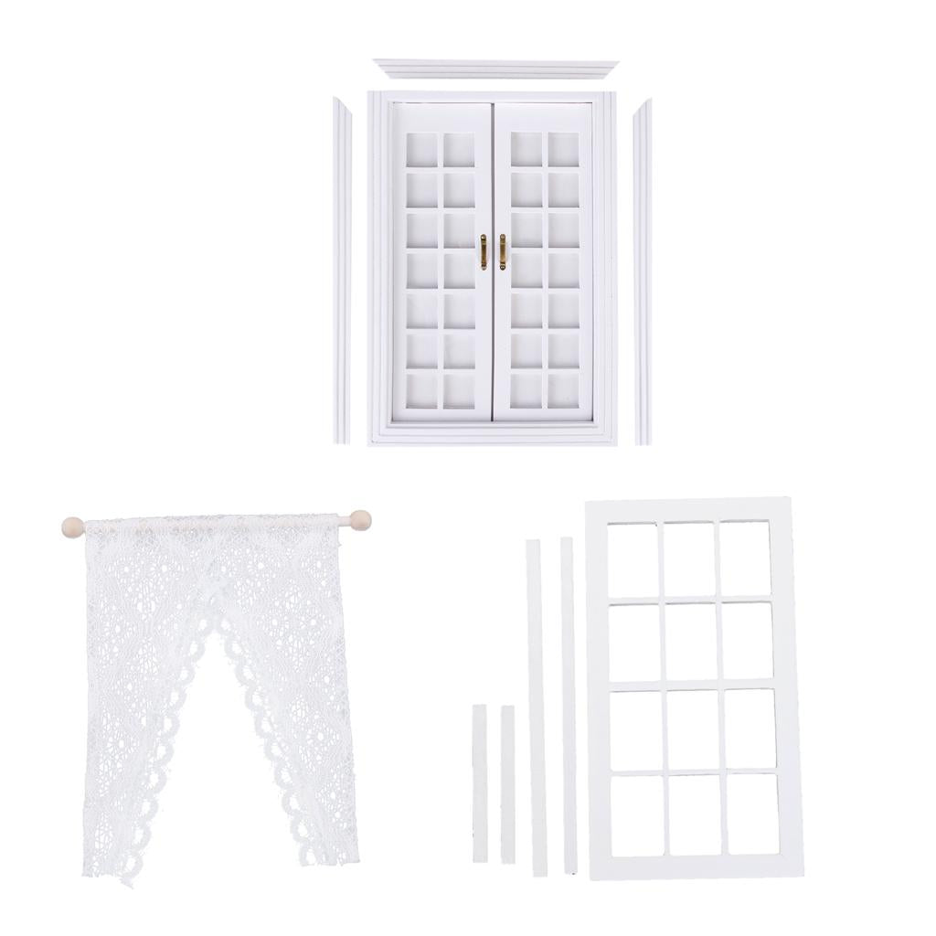 1/12 Dollhouse Miniature DIY Wooden Double Door & Window with Curtain White