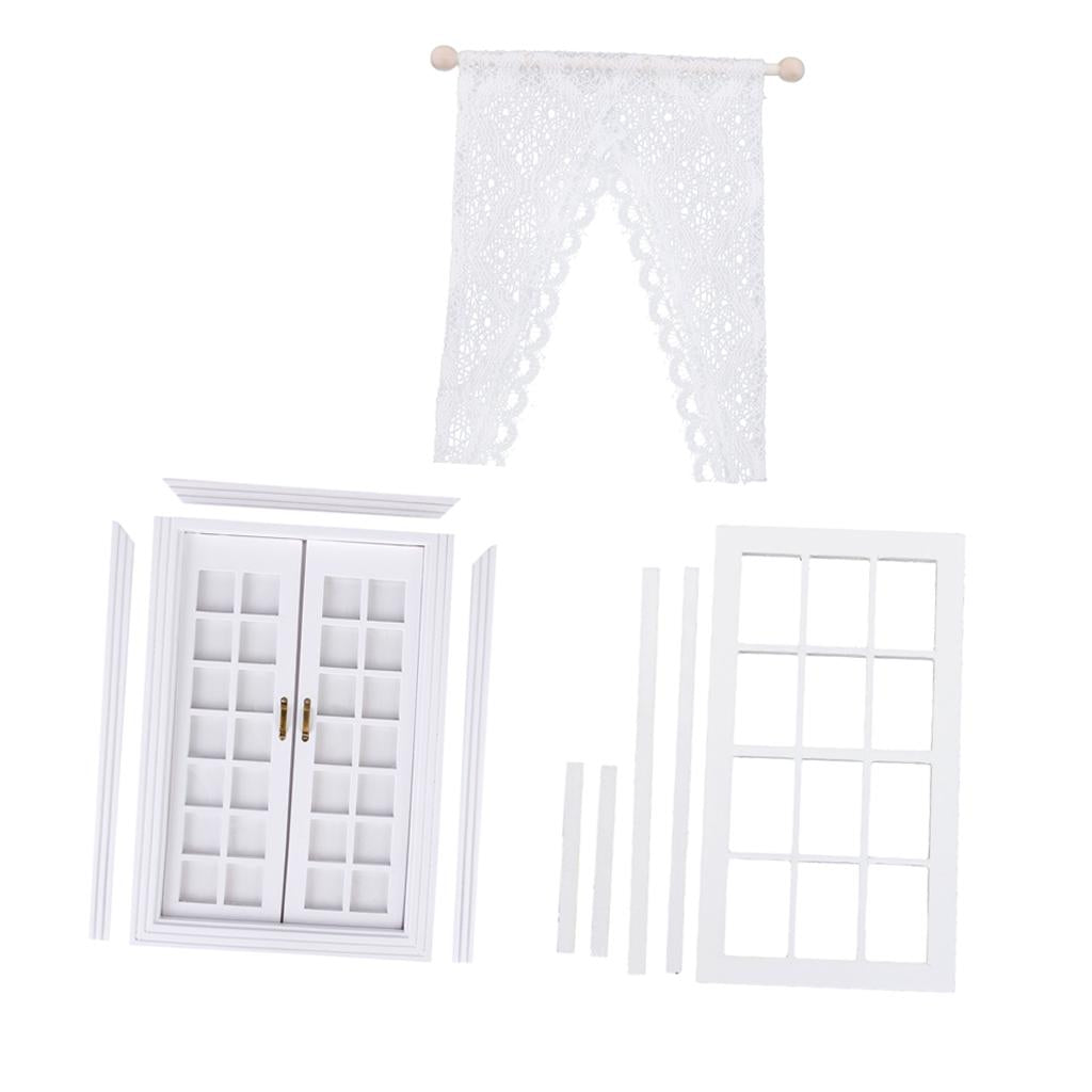 1/12 Dollhouse Miniature DIY Wooden Double Door & Window with Curtain White