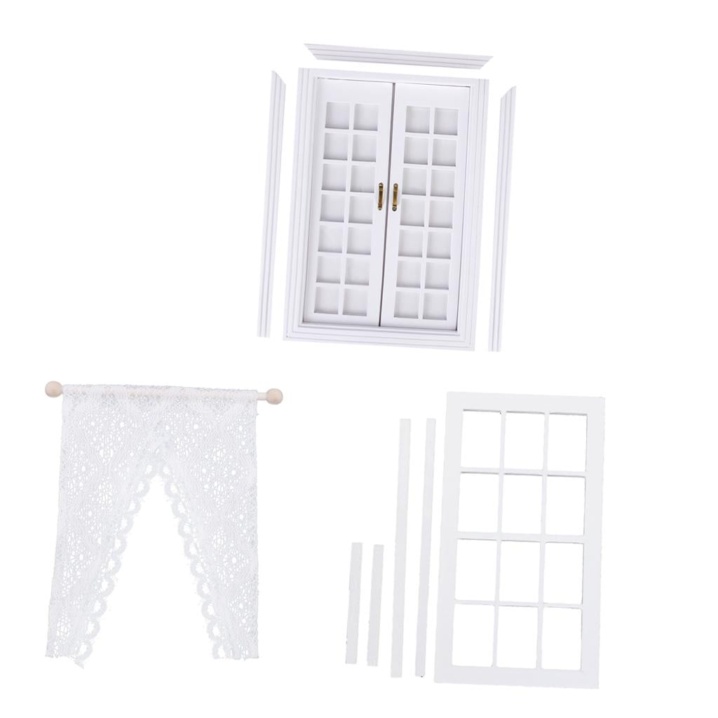1/12 Dollhouse Miniature DIY Wooden Double Door & Window with Curtain White