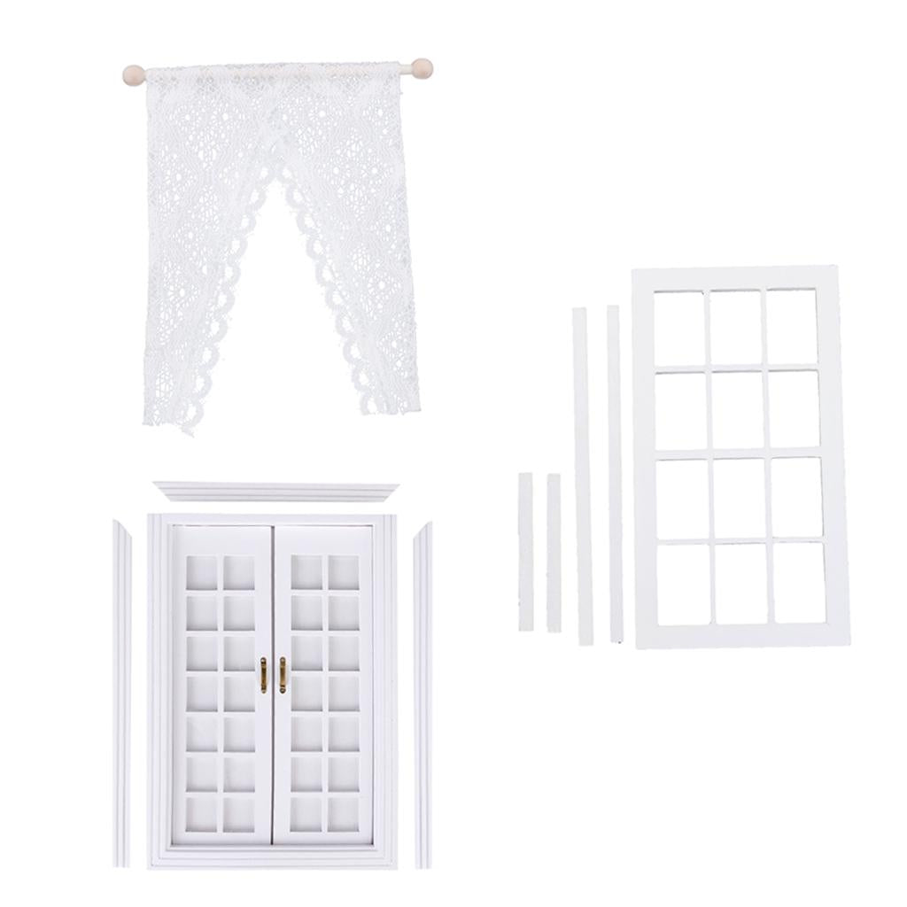 1/12 Dollhouse Miniature DIY Wooden Double Door & Window with Curtain White