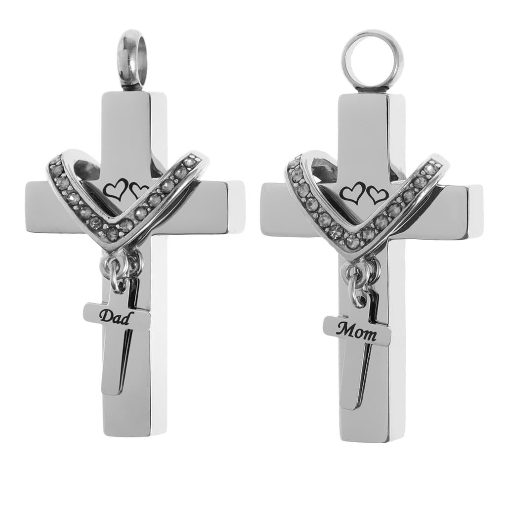 2 Pieces Cross Crystal Stainless Steel Urn Cremation Family Keepsake Pendant