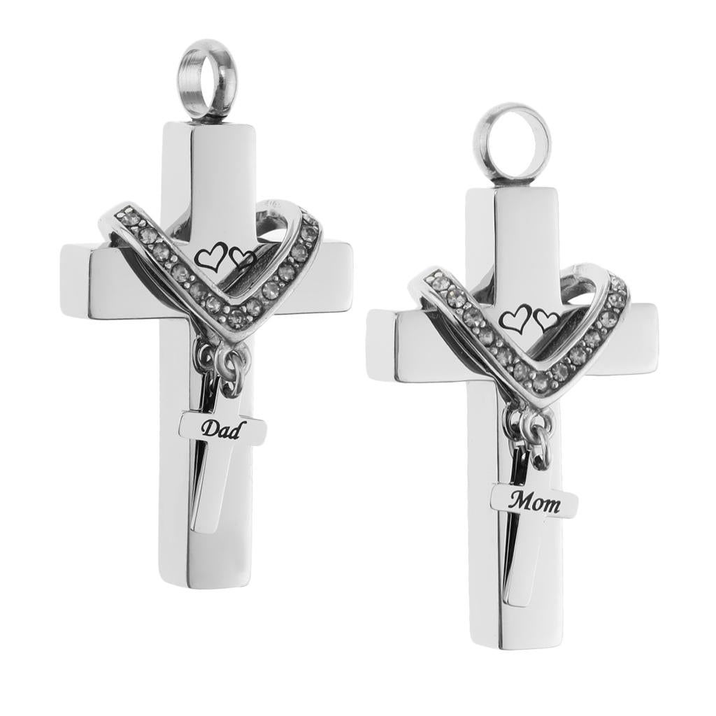 2 Pieces Cross Crystal Stainless Steel Urn Cremation Family Keepsake Pendant