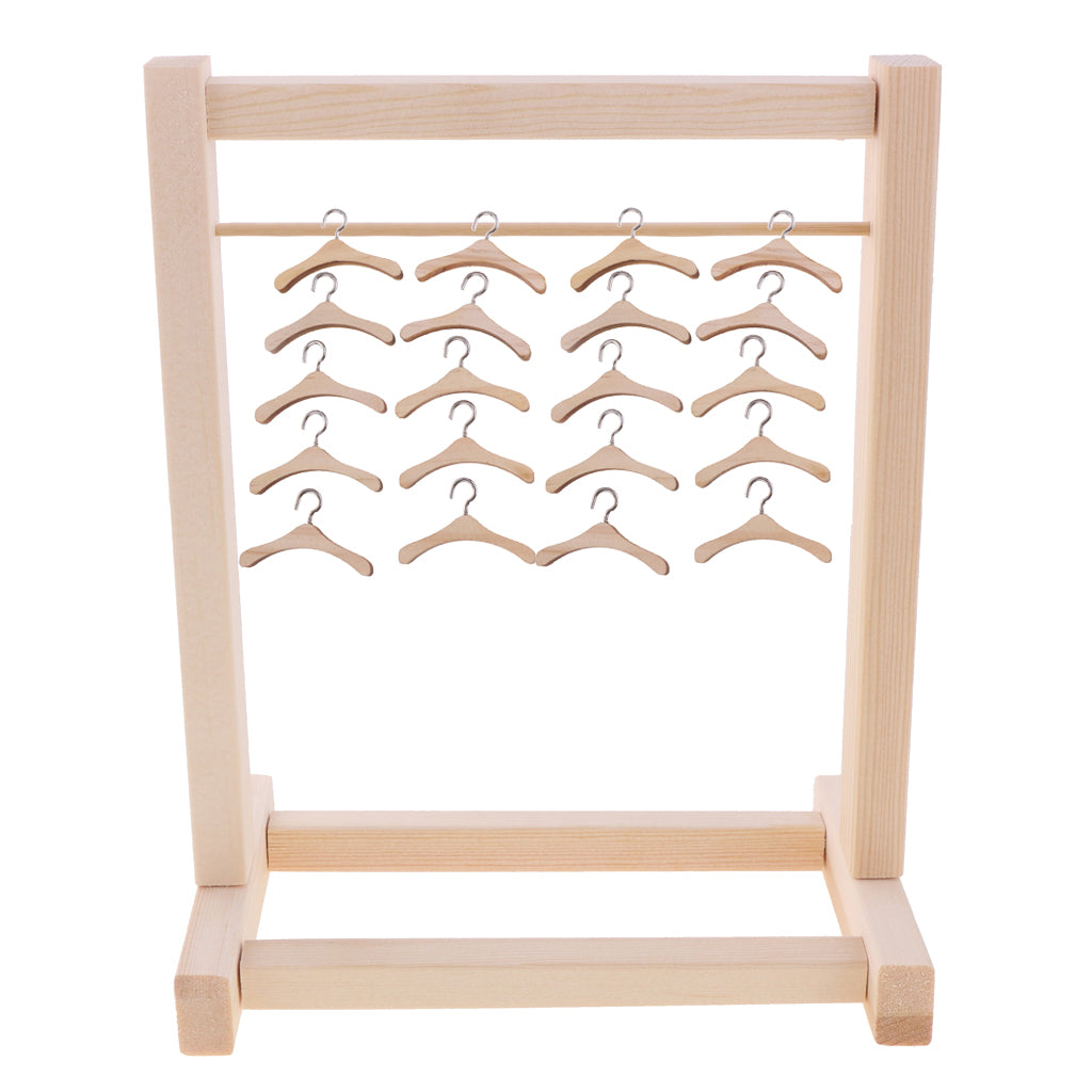 1/6 BJD Doll Wooden Clothes Hanging Shelf & Clothes Hanger for Blythe Dolls