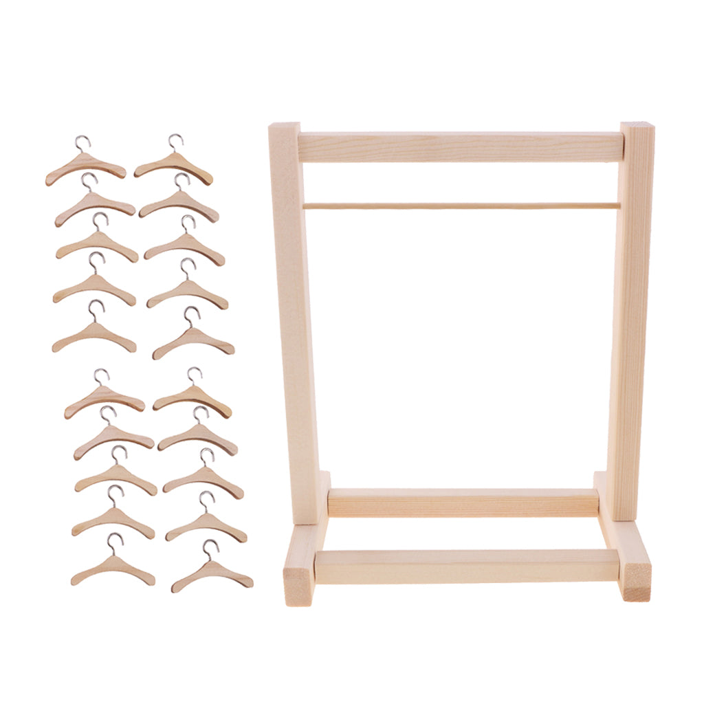 1/6 BJD Doll Wooden Clothes Hanging Shelf & Clothes Hanger for Blythe Dolls