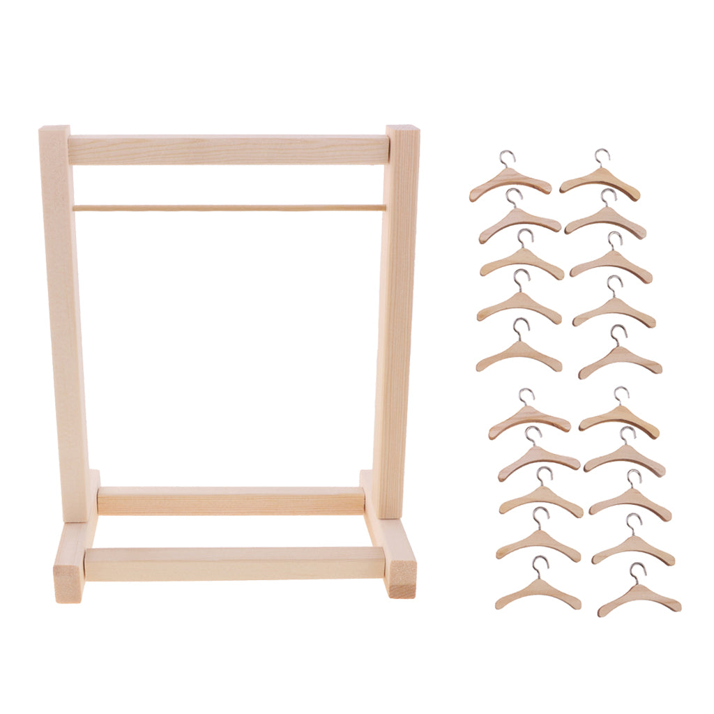 1/6 BJD Doll Wooden Clothes Hanging Shelf & Clothes Hanger for Blythe Dolls