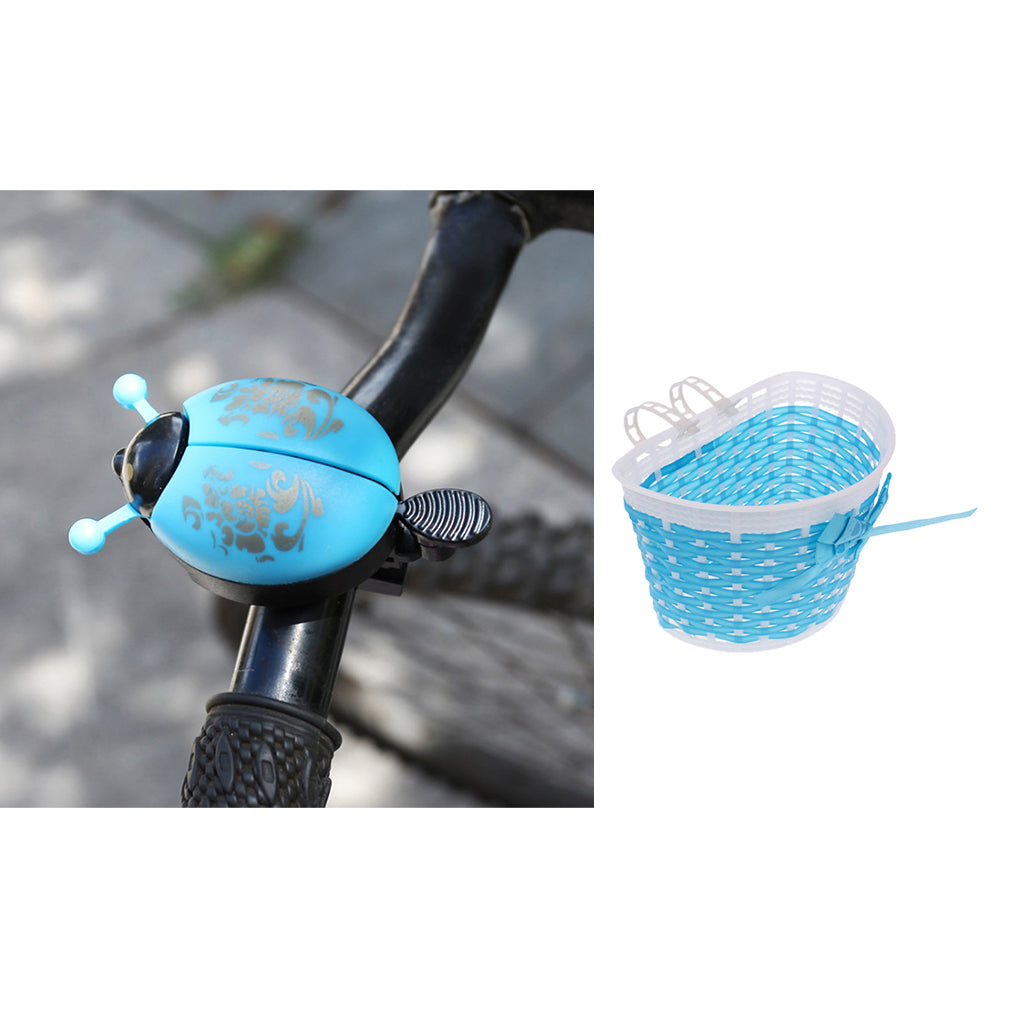 Children Bike Handlebar Front Basket + Cycle Novelty Ladybug Bell Horn Blue