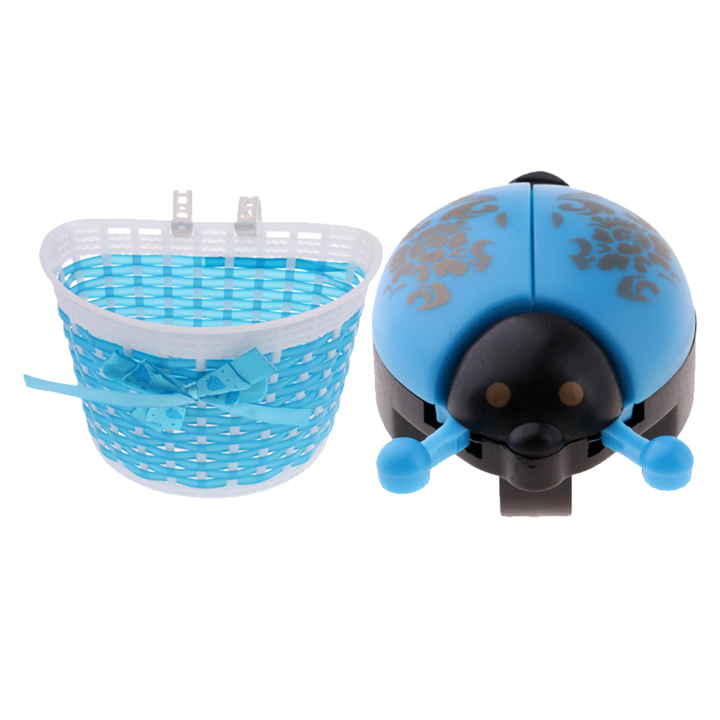 Children Bike Handlebar Front Basket + Cycle Novelty Ladybug Bell Horn Blue
