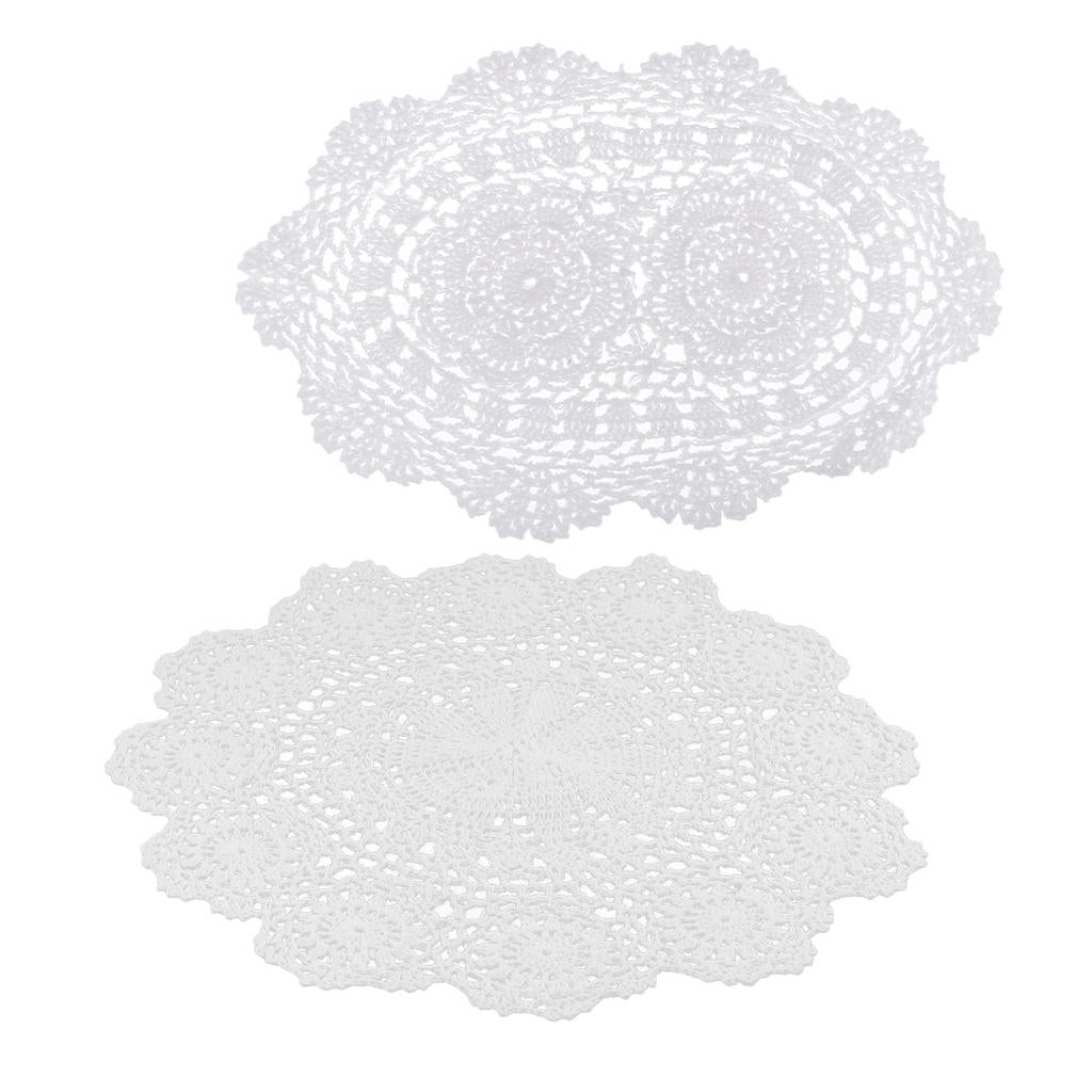 2 Sets Round White Crochet Cotton Lace Doily Table Placemats Doilies Cup Mat