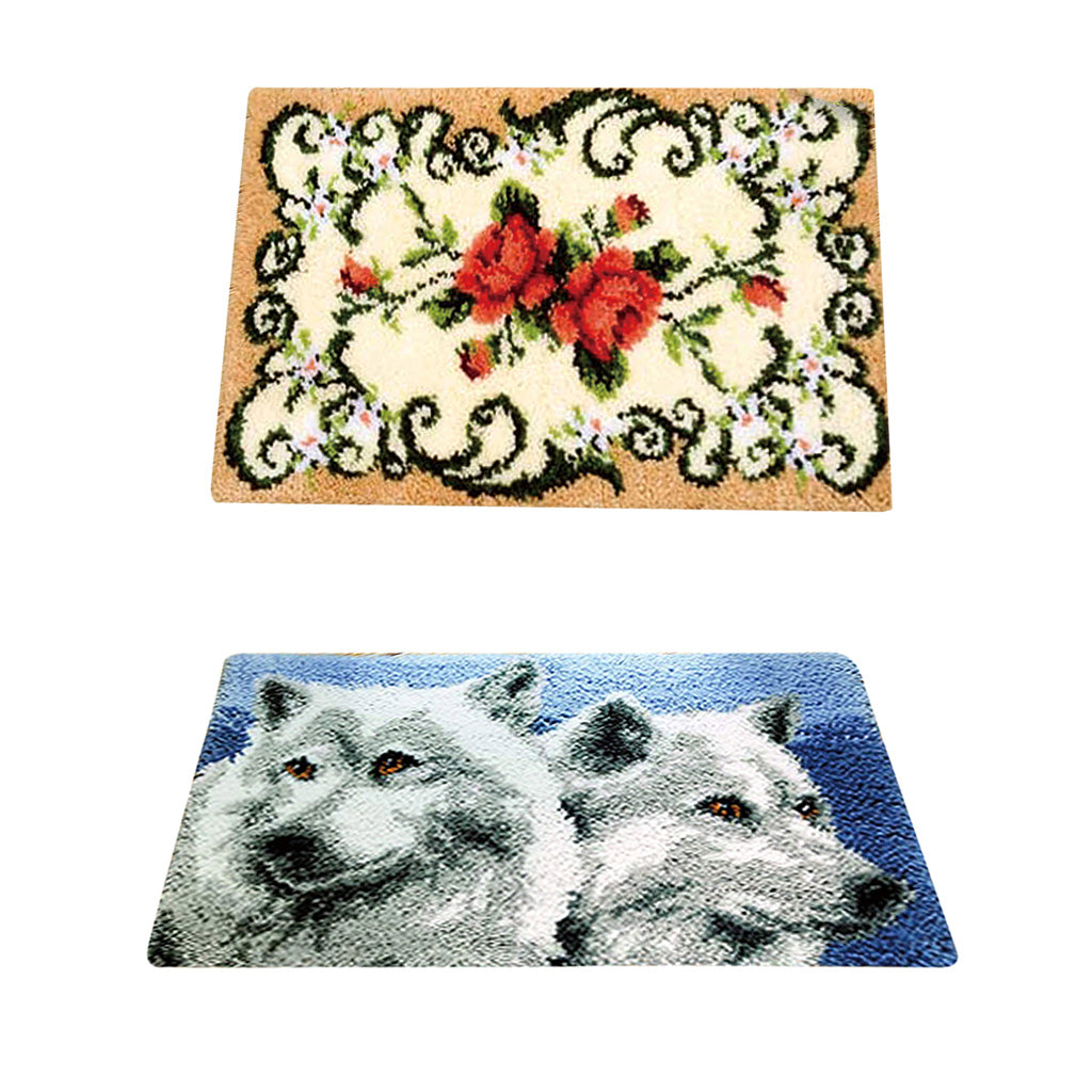 2 Set Flower Wolf Latch Hook Kits with Basic Tools for Rug Making