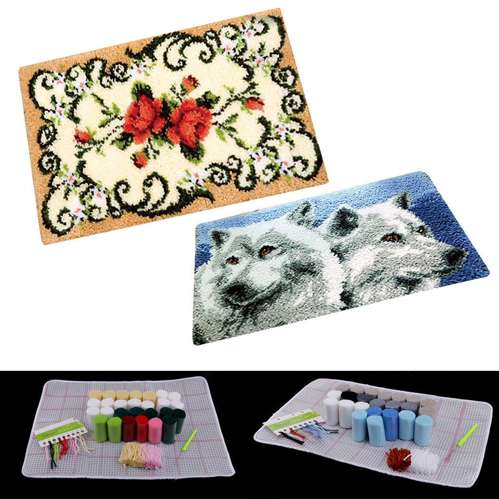 2 Set Flower Wolf Latch Hook Kits with Basic Tools for Rug Making