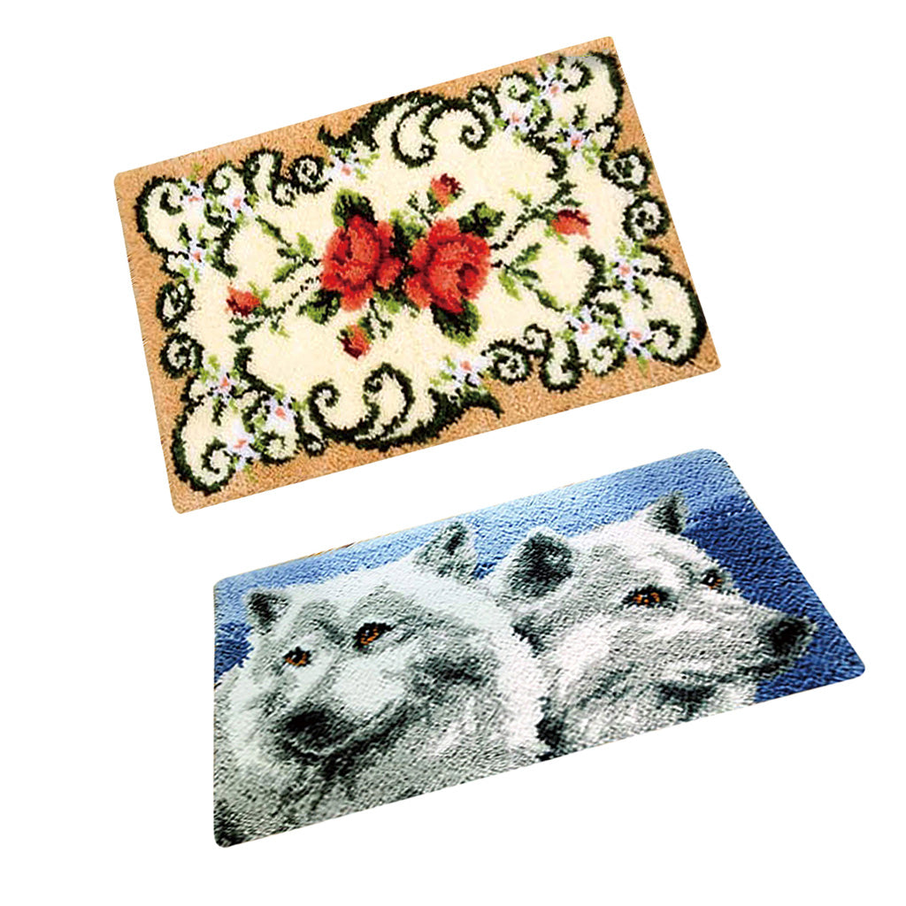 2 Set Flower Wolf Latch Hook Kits with Basic Tools for Rug Making