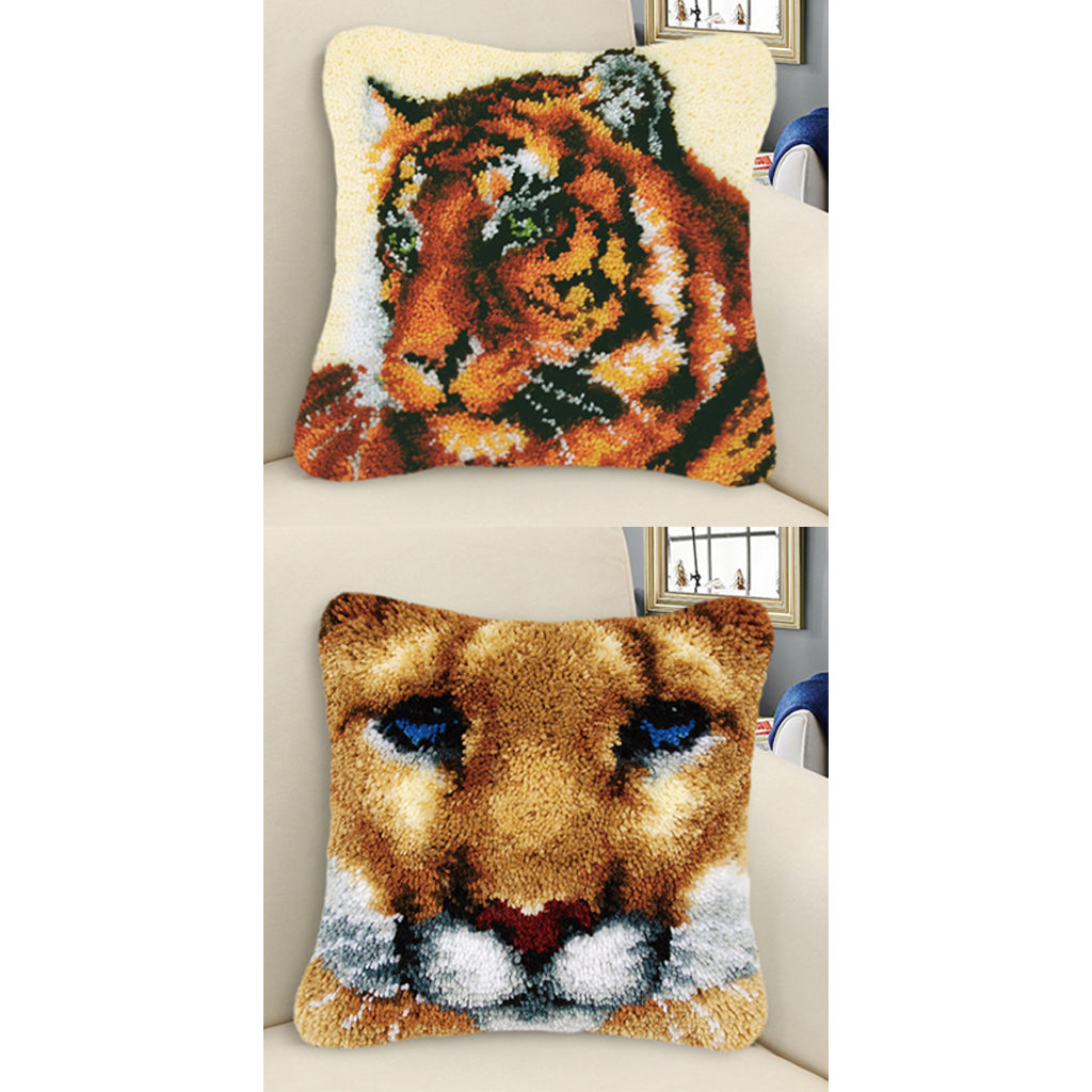 2 Sets Cushion Latch Hook Kits for Adults Animals Tigers Pattern Embroidery