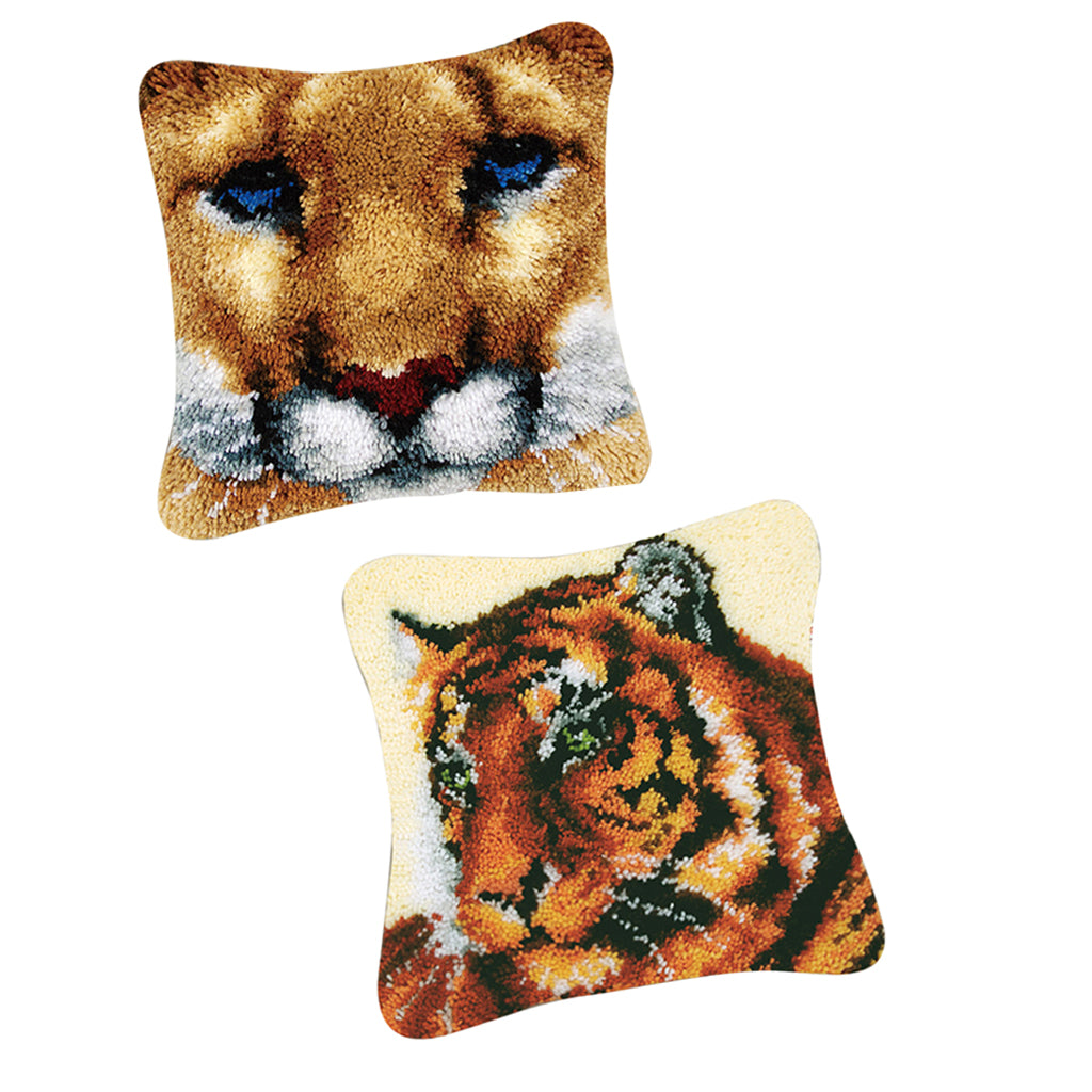 2 Sets Cushion Latch Hook Kits for Adults Animals Tigers Pattern Embroidery