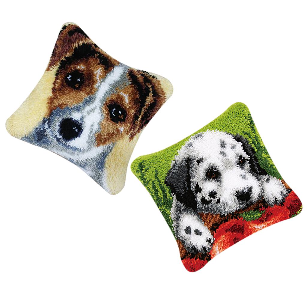 2 Sets Cushion Latch Hook Kits for Adults Animals Dog Pattern Embroidery