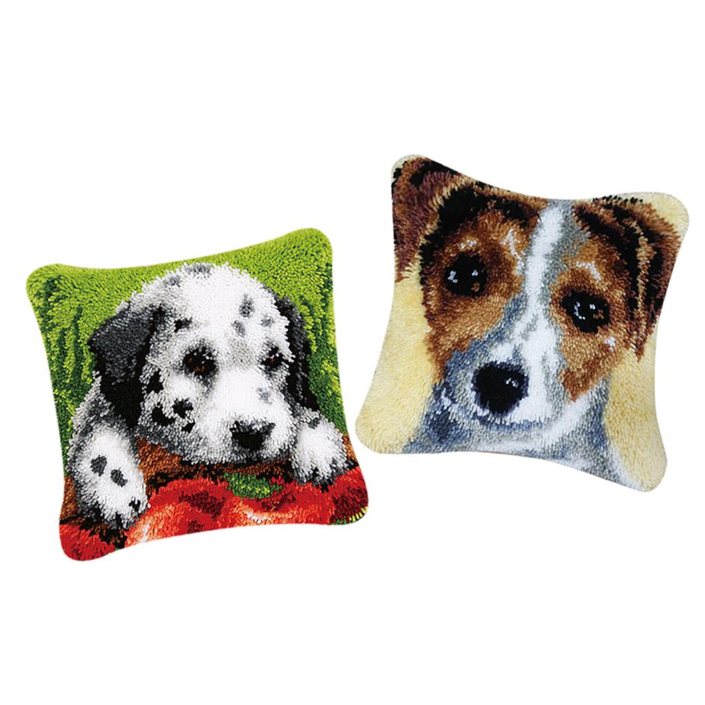 2 Sets Cushion Latch Hook Kits for Adults Animals Dog Pattern Embroidery