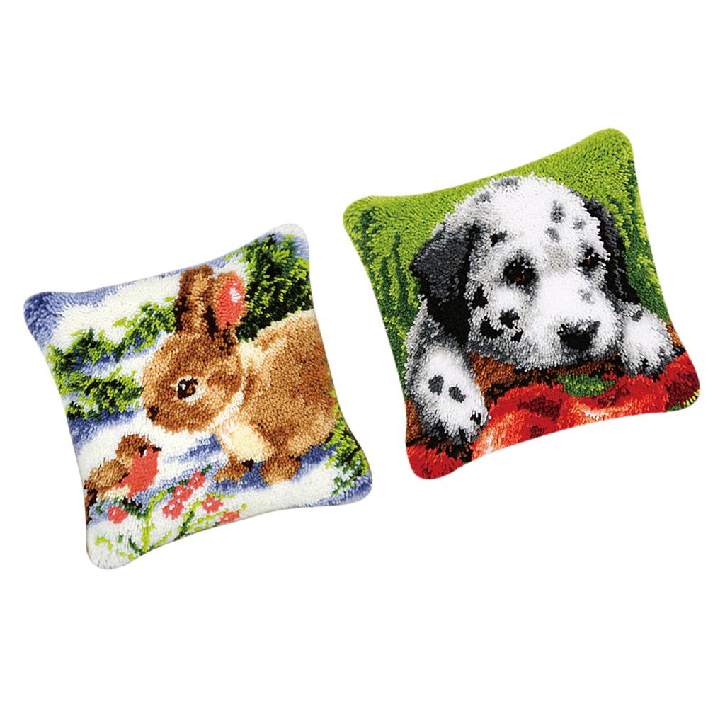 2 Sets DIY Pillow Cover Latch Hook Kits for Beginner Dog Rabbit Pattern