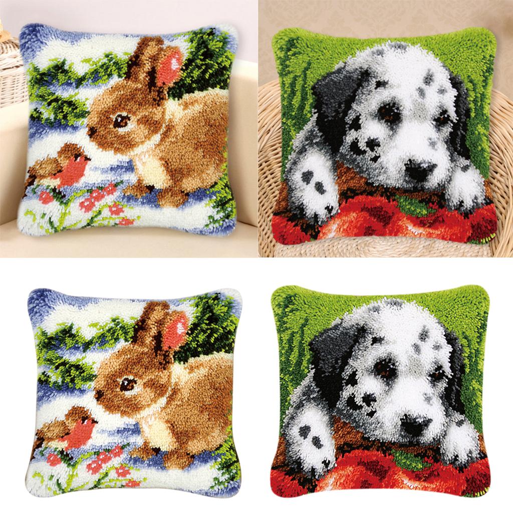2 Sets DIY Pillow Cover Latch Hook Kits for Beginner Dog Rabbit Pattern