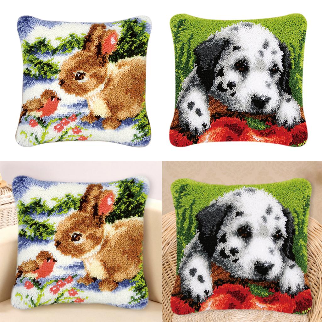 2 Sets DIY Pillow Cover Latch Hook Kits for Beginner Dog Rabbit Pattern