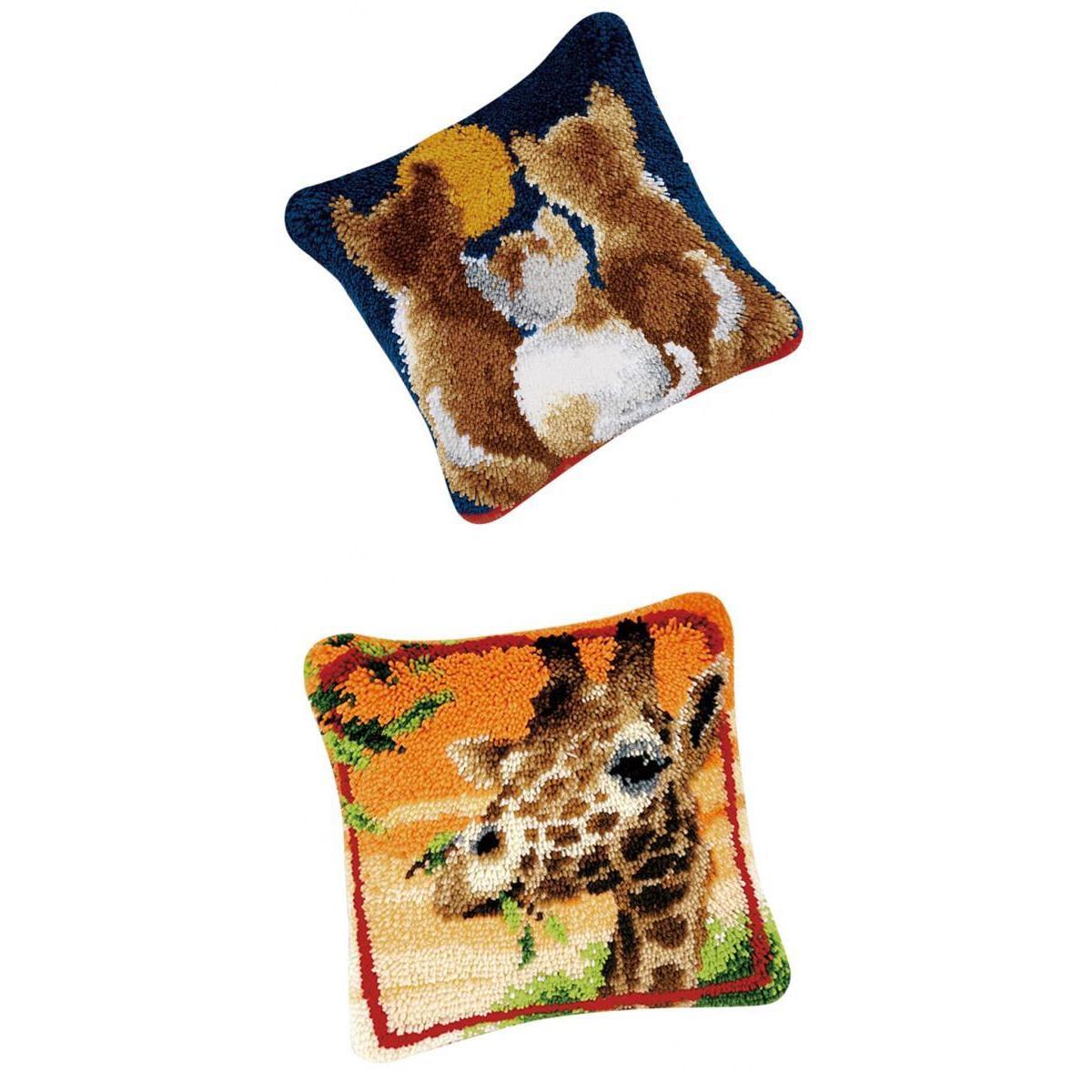 2 Sets Cats Giraffe Pillows Latch Hook Kits Material Package for Beginners
