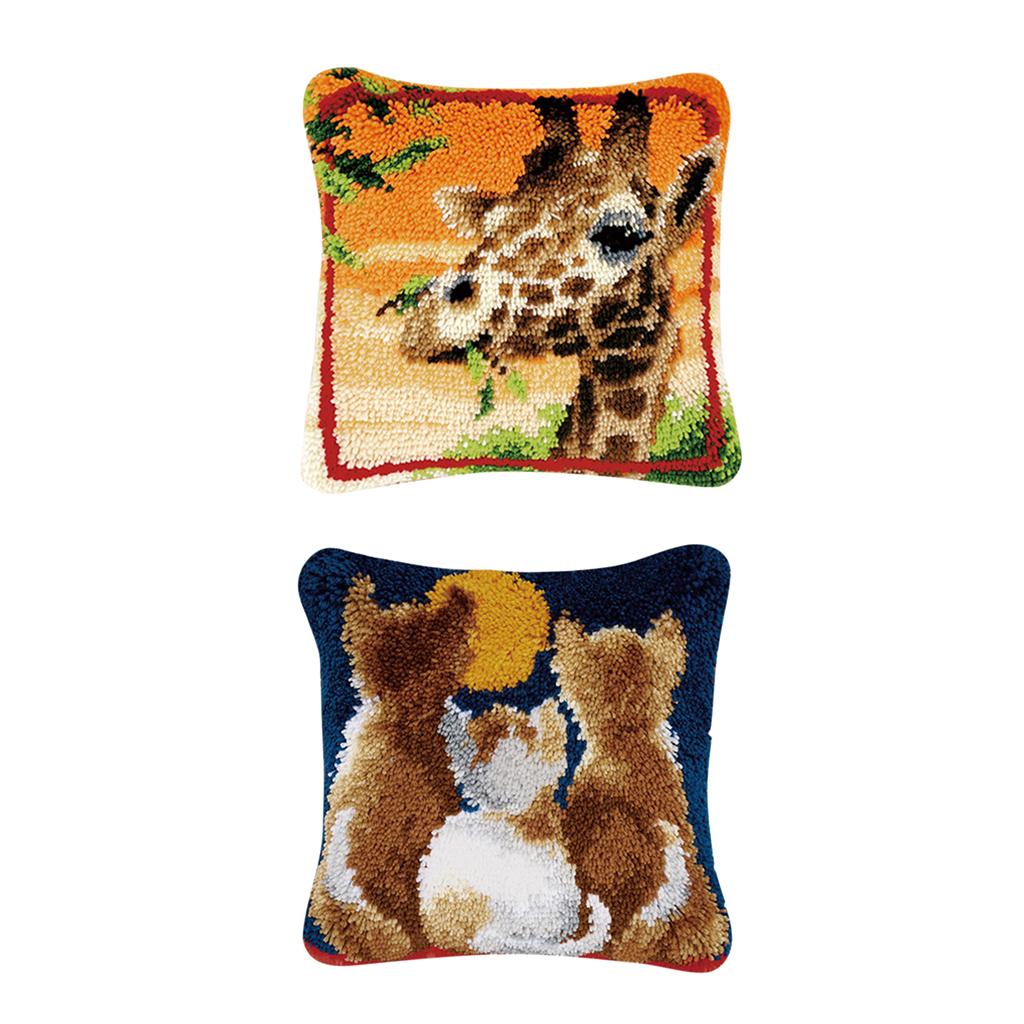 2 Sets Cats Giraffe Pillows Latch Hook Kits Material Package for Beginners