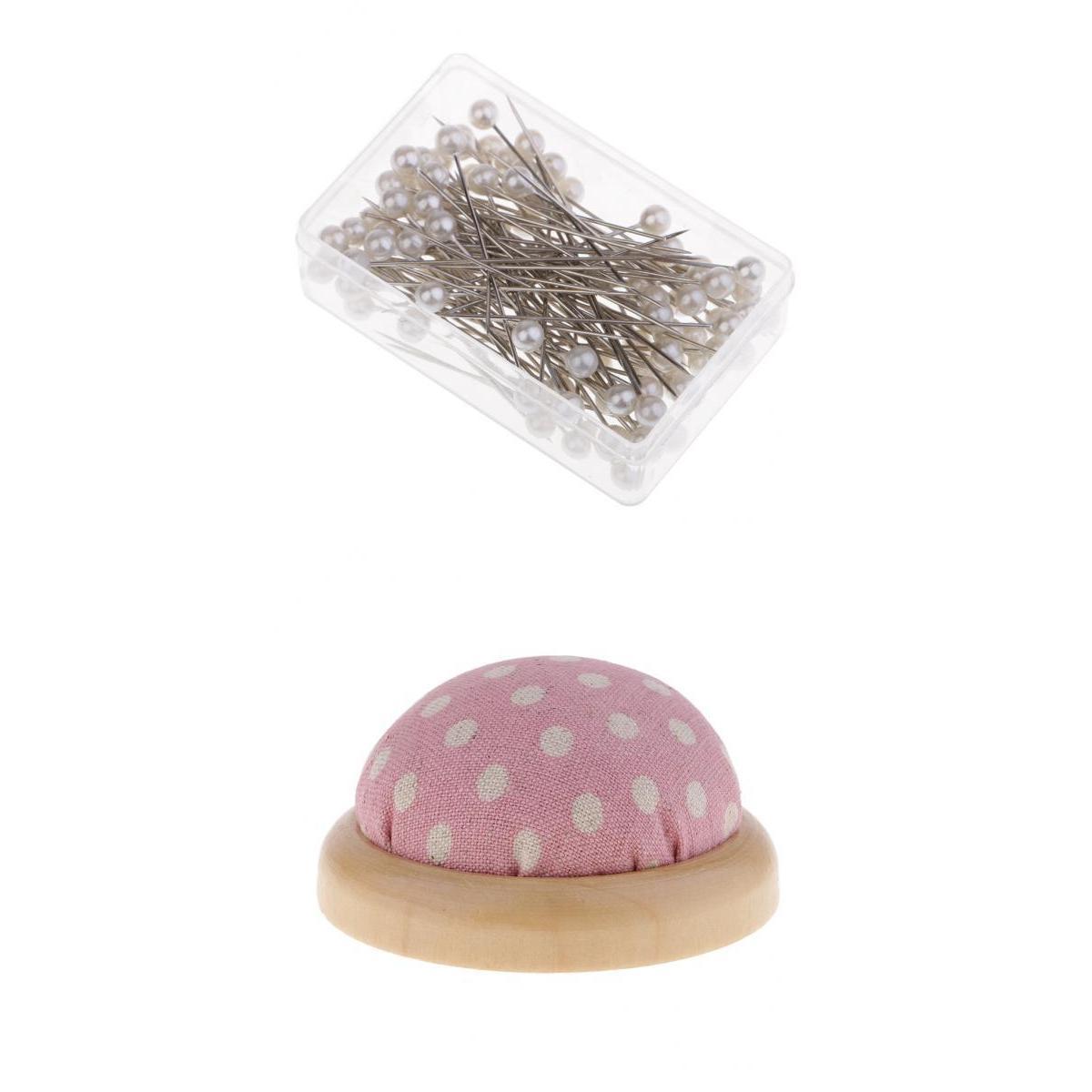 1 Box Pearl Head Pins and Wood Base Needle Pin Cushion for Sewing Stitching