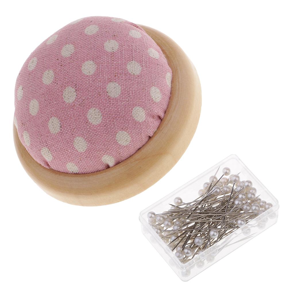 1 Box Pearl Head Pins and Wood Base Needle Pin Cushion for Sewing Stitching