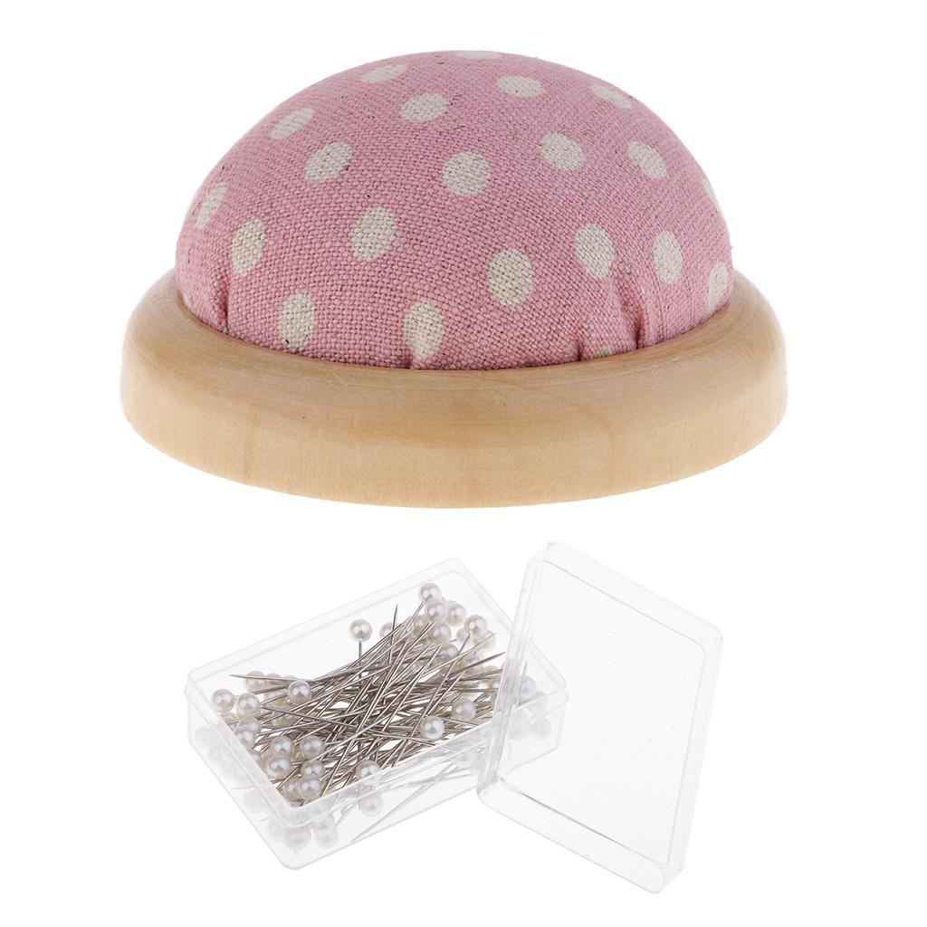 1 Box Pearl Head Pins and Wood Base Needle Pin Cushion for Sewing Stitching