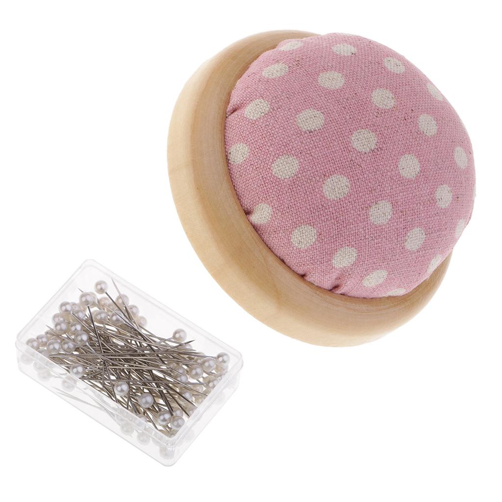 1 Box Pearl Head Pins and Wood Base Needle Pin Cushion for Sewing Stitching