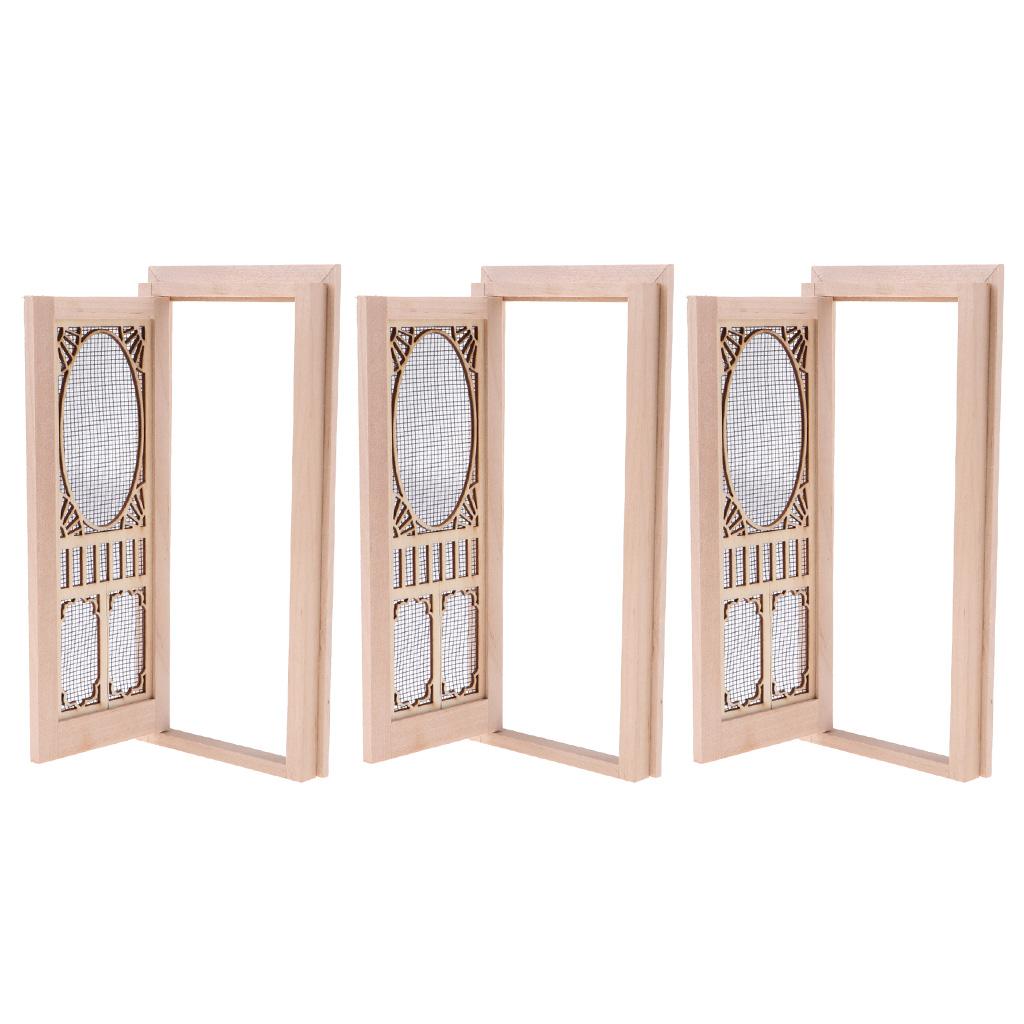 3 Set 1/12 Dollhouse Miniature Wood External Hollow Screen Door Unpainted