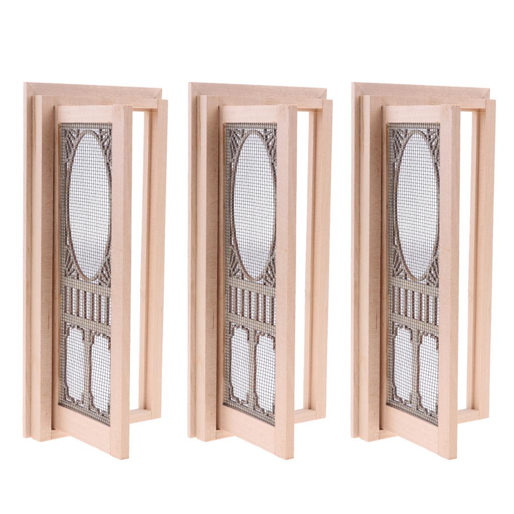 3 Set 1/12 Dollhouse Miniature Wood External Hollow Screen Door Unpainted
