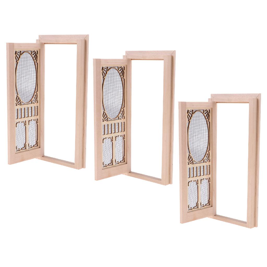 3 Set 1/12 Dollhouse Miniature Wood External Hollow Screen Door Unpainted