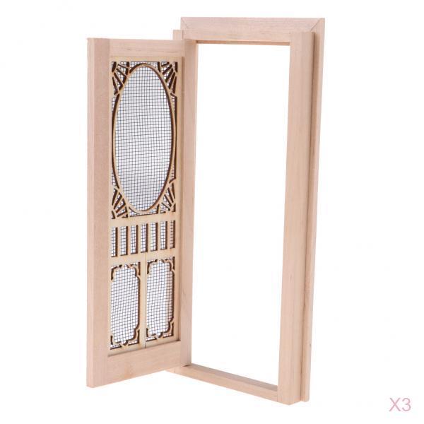 3 Set 1/12 Dollhouse Miniature Wood External Hollow Screen Door Unpainted