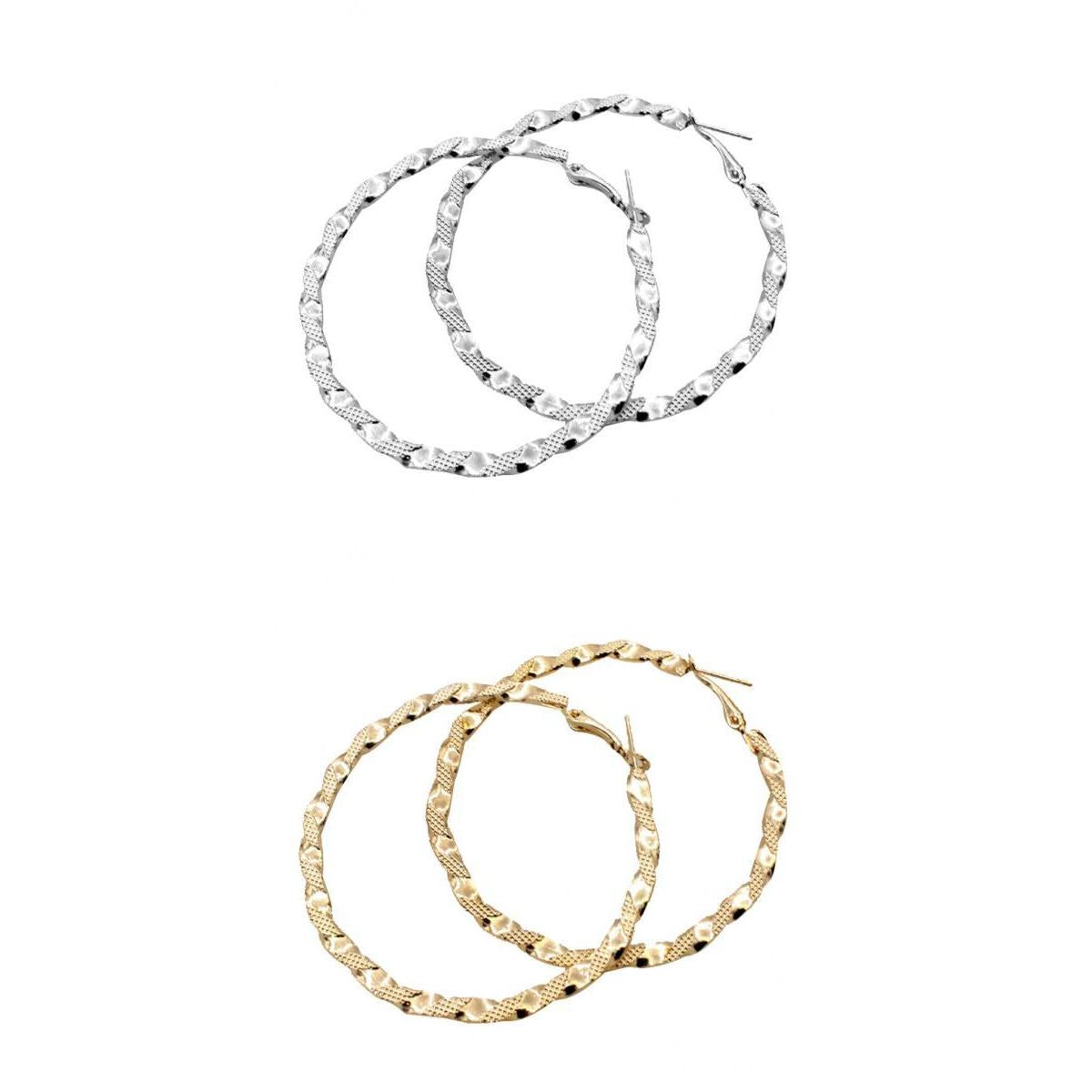 2 Pairs Large Carved Stainless Steel Hoop Earrings Basketball Wives Earrings