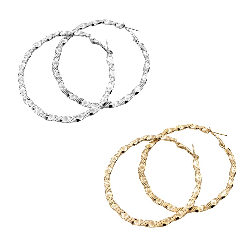 2 Pairs Large Carved Stainless Steel Hoop Earrings Basketball Wives Earrings
