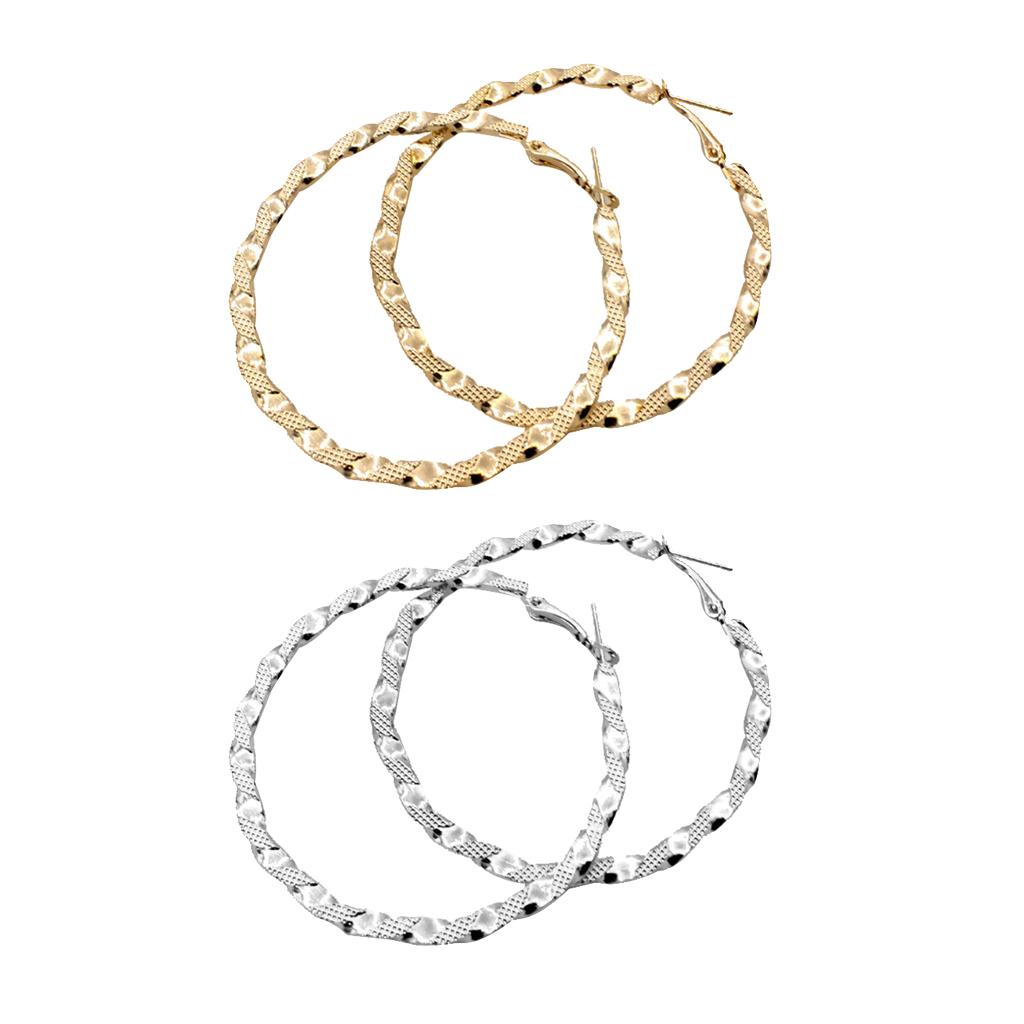 2 Pairs Large Carved Stainless Steel Hoop Earrings Basketball Wives Earrings