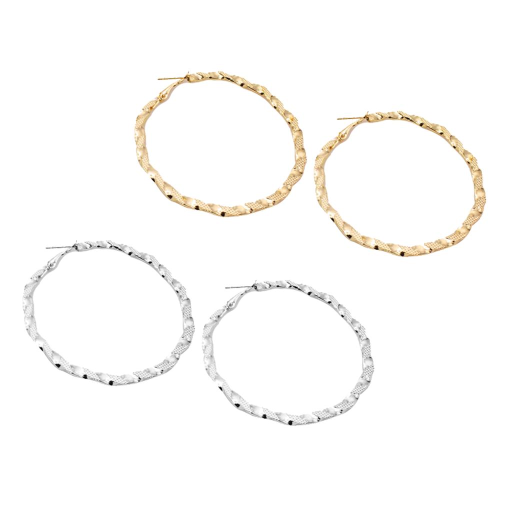 2 Pairs Large Carved Stainless Steel Hoop Earrings Basketball Wives Earrings