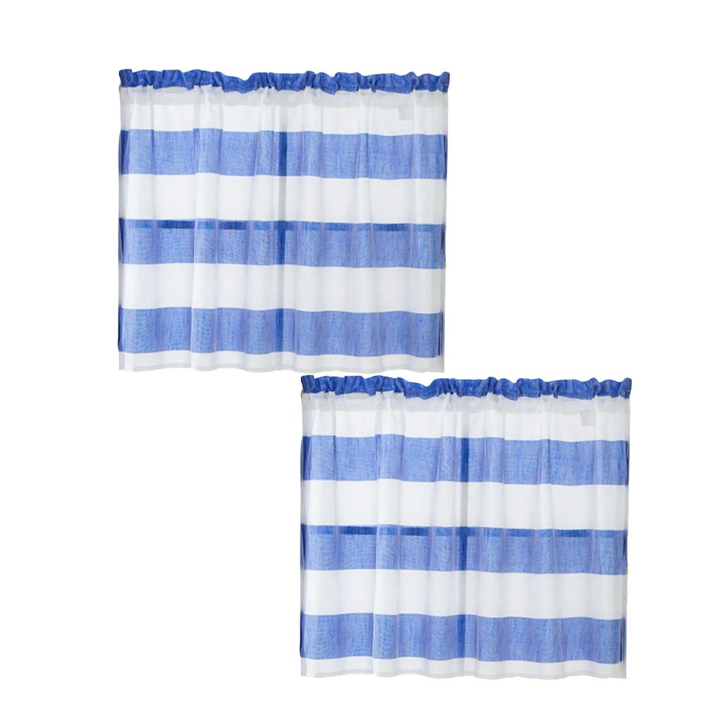 2xWindow Striped Short Valance Rod Pocket Curtains Kitchen Blue_ 74x60cm