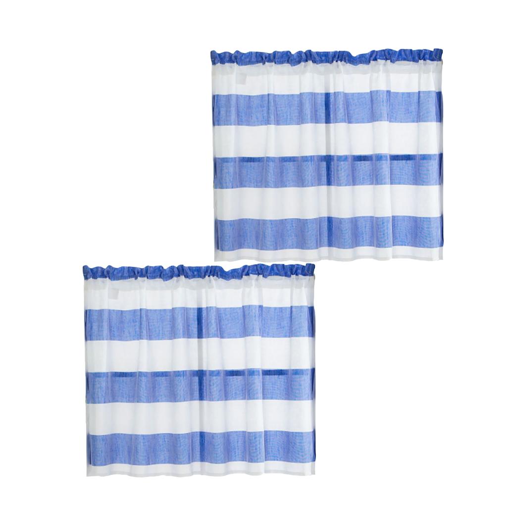 2xWindow Striped Short Valance Rod Pocket Curtains Kitchen Blue_ 74x60cm