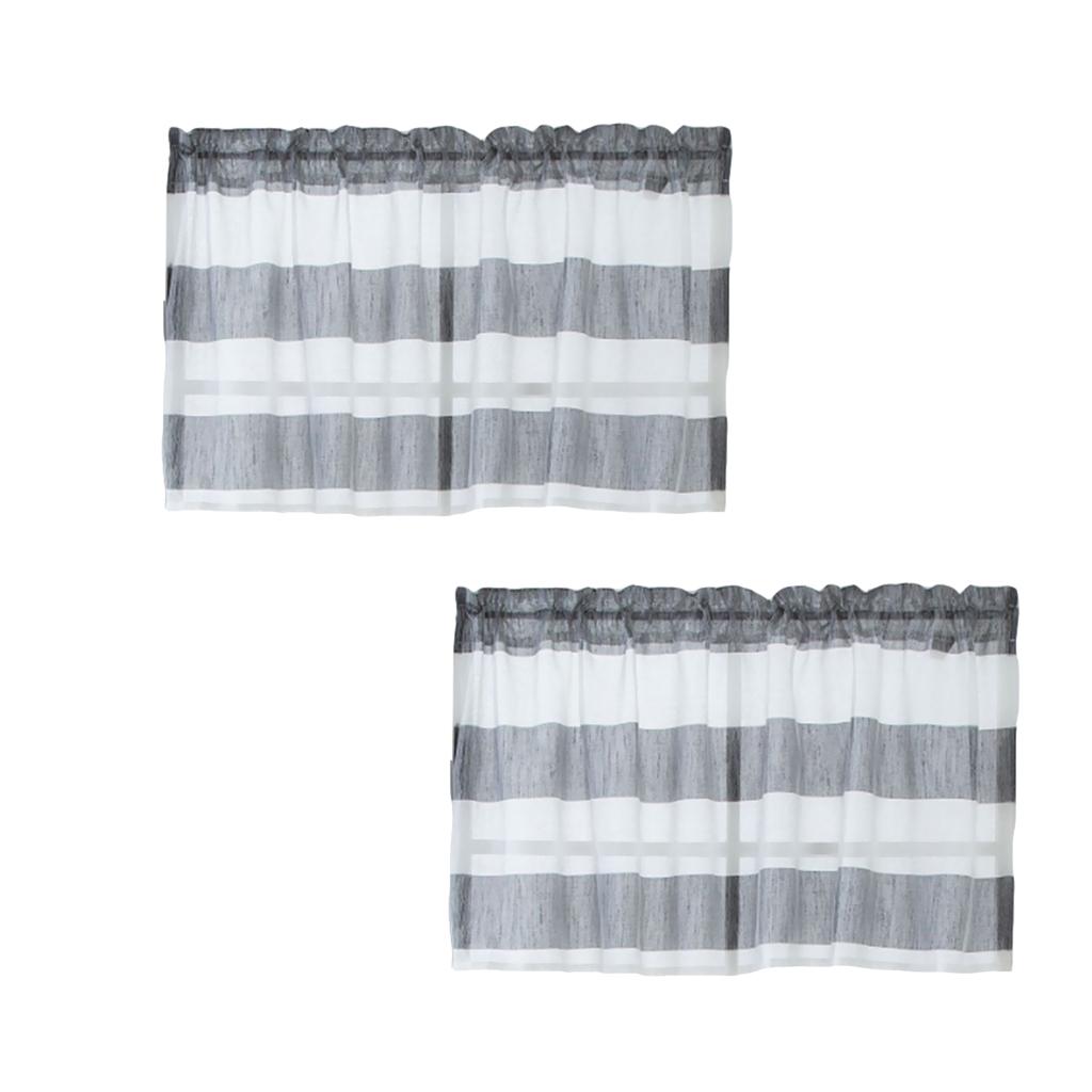 2xWindow Striped Short Valance Rod Pocket Curtains Kitchen Grey_ 74x60cm