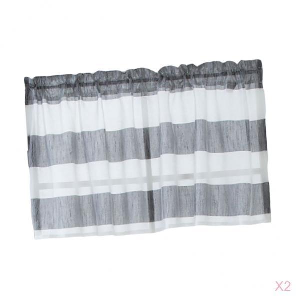 2xWindow Striped Short Valance Rod Pocket Curtains Kitchen Grey_ 74x60cm